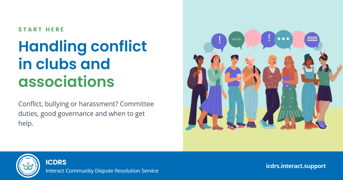 Illustration of a diverse group of club members talking, with speech bubbles above them, and the title Handling conflict in clubs and associations: start here